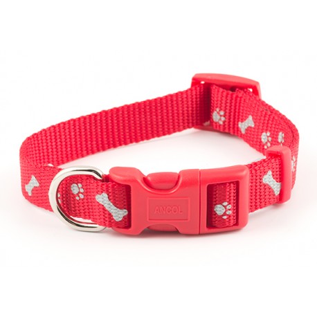 Reflective Paw n Bone Cherry Red Dog Collar - By Ancol